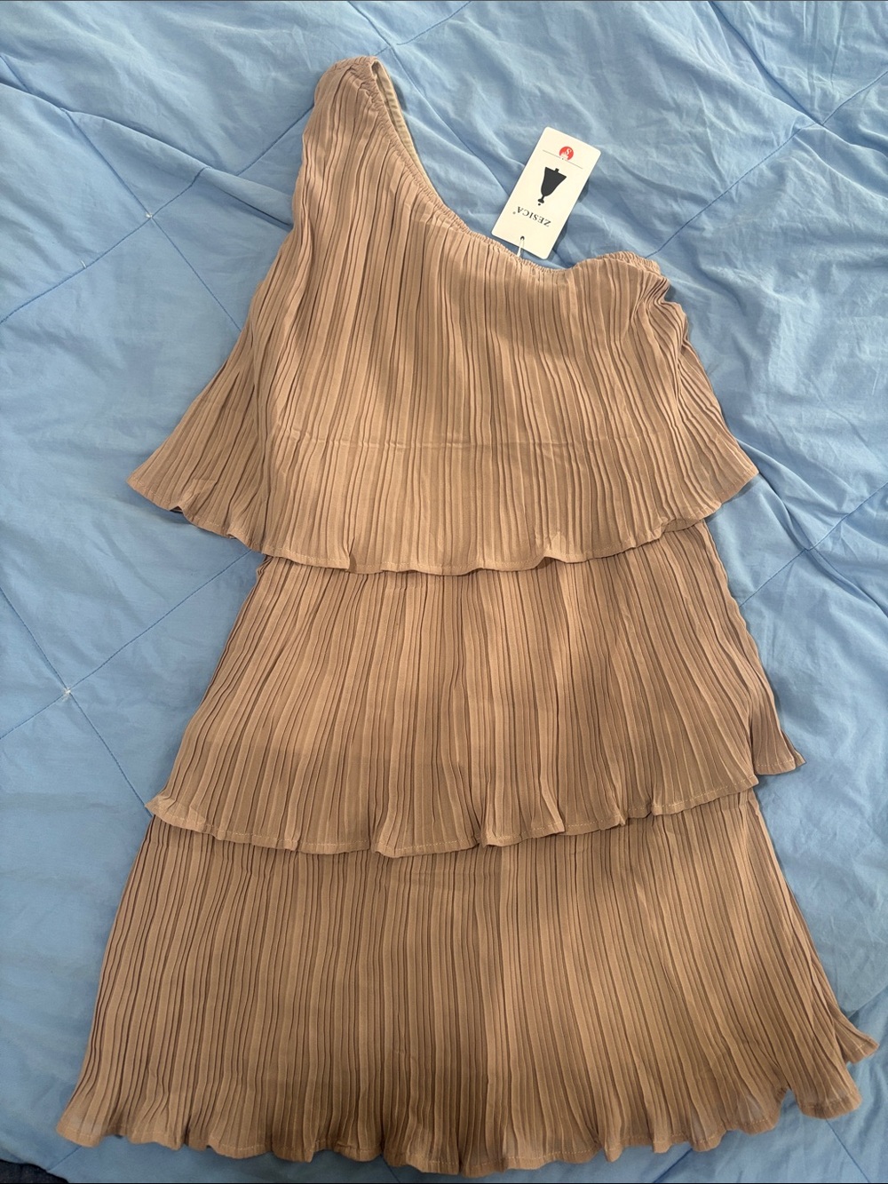 One-Shoulder Tiered Pleated Dress in Taupe